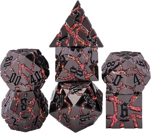 Cracked Rune Metal Dice Set for DND & RPG – Dark Fantasy Fractured Design, Premium Heavy Metal Polyhedral Dice with Deep Engraved Numbers, 7-Piece Set – Red Infernal Vein - color: Matte Black Red