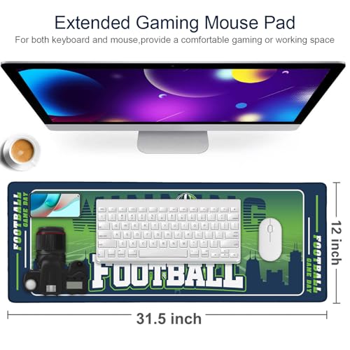 Football Desk Mat, Large Stitched Edges Gaming Mouse Pad, Blue Green City Design Keyboard Mat for Laptop Computer Desktop - 31.5x12 Inch for Football Fans - color: Blue Green Football
