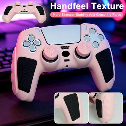 Anti-Slip Peach Pink PS5 Controller Skin,Soft Thicken Studded Protective Silicone Cover Skin Grips Compatible with PS5/Slim/Pro Controller and 8 PCS Thumb Grips Caps. - color: Peach Pink & Black