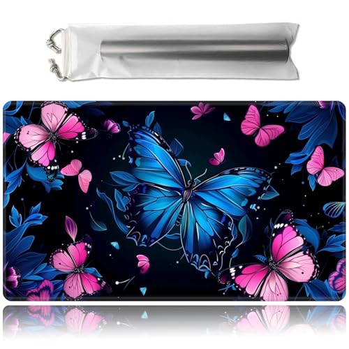 for MTG Game Playmat with Storage Bags,Game Mat 24 x 14 inches,TCG and Board Game Mat for Cards,Mousepad Desk Mats-Blue and Pink Butterflies - color: Blue and Pink Butterflies, size: No With Zones