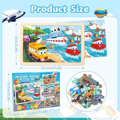 Wooden Puzzles for Kids Ages 3-5, 4 Packs Puzzles for Kids Ages 4-6, 24-Piece Truck Vehicle Wood Jigsaw Puzzles for Toddlers 3-5,Preschool Educational Toys Gifts for Children Ages 4-8 Boys (Vehicle)