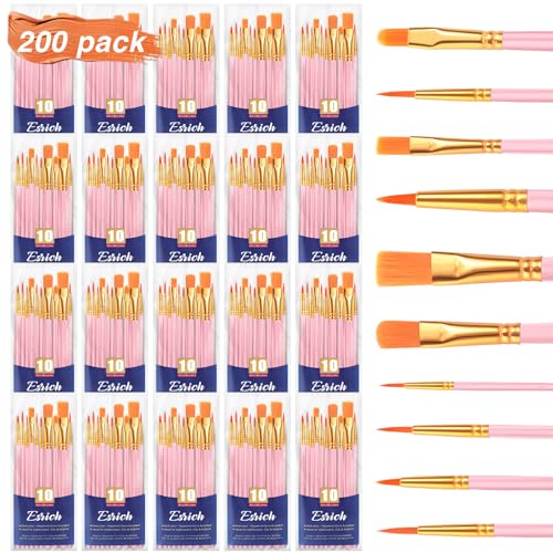 ESRICH Acrylic Paint Brushes Set, 20 Packs / 200 Pcs Nylon Hair Paint Brushes,Paint Brush Set Suitable for Oil, Watercolor,Rock Body Face Art, Adult Perfect Art Painting Craft Paint Brush Kits. - color: Pink, size: 200