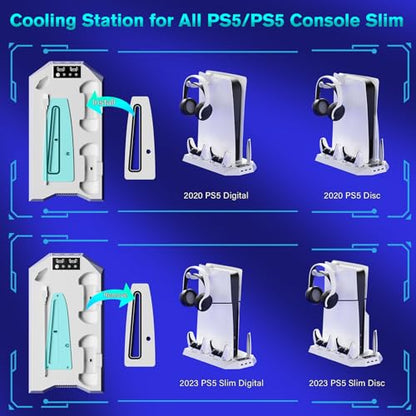 PS5/Slim/Pro Cooling Station for PS5 Disc & Digital Console, PS5 Stand Cooling Fan Charging Station with 3 Level Fan, LED Controller Charger, PS5/Slim/Pro Accessories with 3 USB Hubs & Headset Holder - color: White