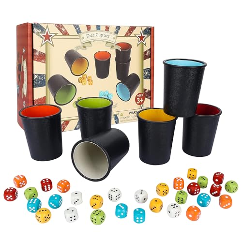 Offelec 6 Pack PU Leather Dice Cups Set with 30 Color Matched Dice, Felt Lined Quiet Shakers for Dice Games Like Bluffing Games, Perfect for Poker Nights & Bar Party Game