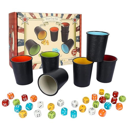 Offelec 6 Pack PU Leather Dice Cups Set with 30 Color Matched Dice, Felt Lined Quiet Shakers for Dice Games Like Bluffing Games, Perfect for Poker Nights & Bar Party Game