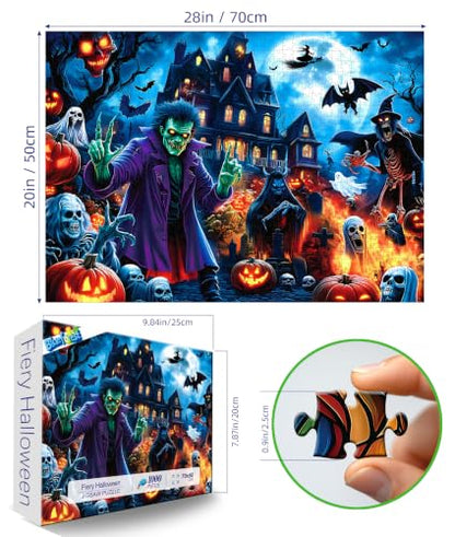 Halloween Spooky Monsters 1000 Piece Jigsaw Puzzle Haunted House Scene with Zombies, Witches, Ghosts and Jack-o-Lanterns, Large Pieces Puzzle Gift for Adults Family 27"x19" - color: Spooky Monsters, size: (27"X19")