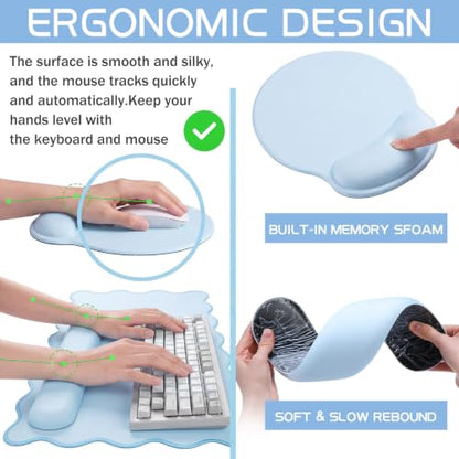 Sabary Scalloped Desk Mat Keyboard Mouse Pad Set 35.5 x 15.7 Inch Blue Preppy Table Mat Keyboard Wrist Rest Cute Aesthetic Mouse Pad with Wrist Rest Coaster Ergonomic Non-Slip Waterproof Gaming Desk - color: Blue, size: 35.5 x 15.7 Inch