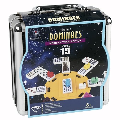 Dominoes Set for Adult, Double 15 Dominoes Set Double 15 Colored Dot Mexican Train Domino Set,Dominoes with Aluminum Case, 136 Tiles (2-10 Player) | For 2-10 players, 136 Color dot recessed mark tiles, Deluxe aluminum case, Chicken Foot play,board game, P
