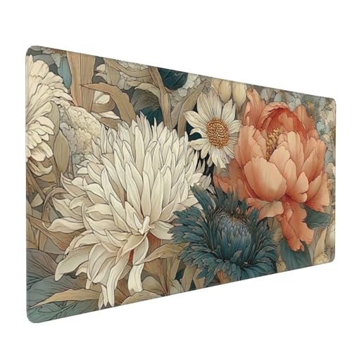 Retro Blossom Boho Floral Large Desk Pad, Anti-Slip Rubber Mouse Pad for Office and School, 35.4" x 15.7" - color: Retro Bohemian style colorful flowers