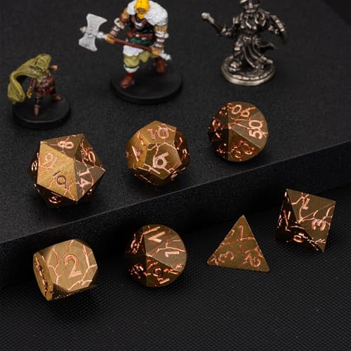 DND Dice Set Metal,Polyhedral D&D Metallic D and D Dice with Cracks for Dungeons and Dragons RPG TTRPG 7-Die Set with Gift Case (Red-Copper) - color: Red-copper
