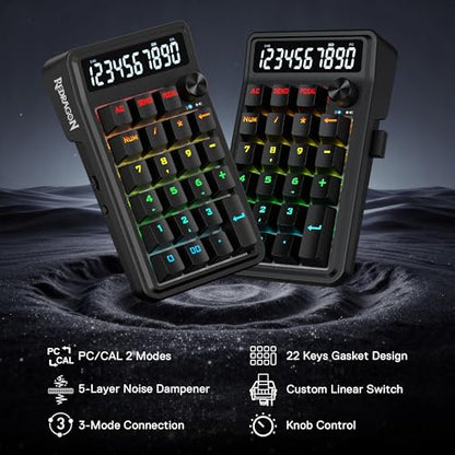 Redragon K733 PRO Wireless Gasket RGB Number Pad, 22 Keys Mechanical Numpad w/PC & Calculate Modes, 10 Digits Calculator Display, Knob Control, 5-Layer Noise Dampening, Creamy Custom Linear Switch - color: Black K733 PRO, size: Wireless