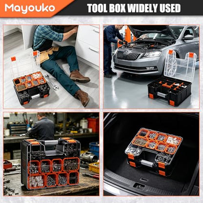 Mayouko Double Side Tool Box with Transparent Lid, 8 Movable Small Trays & Removable Dividers, Multi-Function Small Parts Organizer, for Hardware, Screws, Bricks, Nails, Jewelry and Fishing Tackle - size: 15.16"L x 12.8"W x 6.3"H