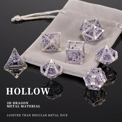 DND Dice, HNCCESG Purple White Dragon Hollow Metal Polyhedral Dice Set for Dungeons and Dragons Dice RPG MTG Table Board Games (Purple White Dragon) - color: Purple White Dragon