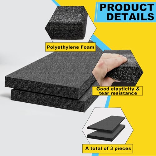 Yaomiao 3 Sheets Customizable Polyethylene Foam 54" x 16" x 2" Thick Black Packing Foam Inserts for Cases Thick Polyethylene Foam Sheet for Packaging and Crafts