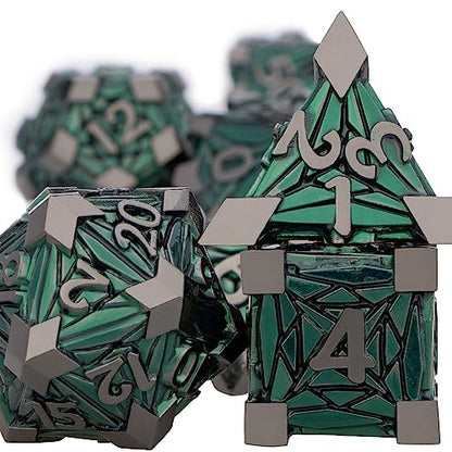 7PCS Metal DND Dice Set with Box, Debris RPG Green D and D Dice for use with D&D Tabletop Games Role Playing Game Polyhedral Dice Set D20 D12 D10 D8 D6 D4 - color: Black Green