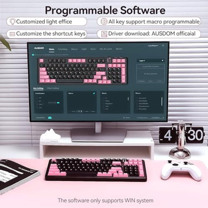 AUSDOM 98Pro Silent Wireless Mechanical Keyboard, Tri-Mode BT/2.4G/USB-C Hot Swappable Custom Quiet Keyboard with Backlit, Gasket Structure, PBT Keycaps,Pre-lubed Tactile Switches(Black & Pink-Silent) - color: Black & Pink