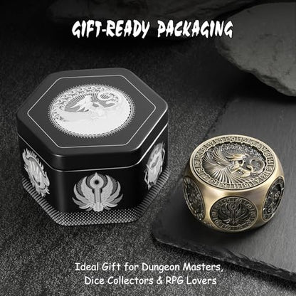 DNDND 8-in-1 Spinner Dice with Dual D20 - Hexagonal Metal D&D Monster Themed Dice Set for TTRPG Dungeons and Dragons, Dungeon Masters with Collectible Gift Tin (Brass) - color: Brass