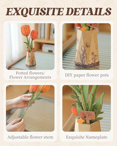 rowood Orange Tulip Wooden Flower,DIY Artifical Flower Building Set Craft Kit for Adults,Mother's Day/Valentine's Day for Mom/Women/Grandma - style: Orange Tulip
