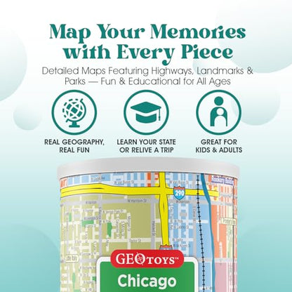 Geotoys Chicago Mini City Puzzle - 100 Piece Puzzles for Kids and Adults in Portable Can, 13" x 10" Educational Travel Puzzle for Ages 7 and Up - Mini Puzzles to Learn & Explore Geography - style: Chicago