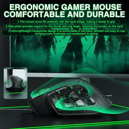 SOLAKAKA SM809 Wired MMO Gaming Mouse,24000 DPI,16 Programmable,RGB PC Gaming Mice,Black