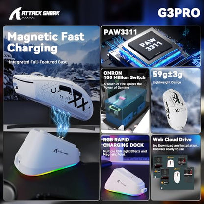 MAMBASNAKE ATTACK SHARK G3PRO Wireless Gaming Mouse with RGB Magnetic Charging Dock,Tri-Mode-2.4G/USB-C Wired/BT, 25K DPI,PAW3311 Optical Sensor,59g Ultra Lightweight,Slip Grip Tape for PC/Mac(White) - color: White & Griptape