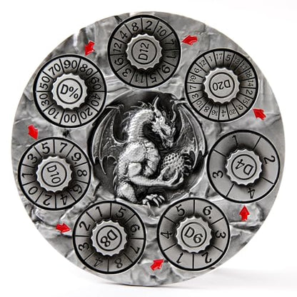 7-in-1 Spinner Dice Set – 3D Metal Dragon-Embossed Polyhedral RPG Accessory Role Playing Dice for Dungeons & Dragons, Pathfinder, RPG and Tabletop Games (D4, D6, D8, D10, D%, D12, D20) Sliver - color: New-sliver