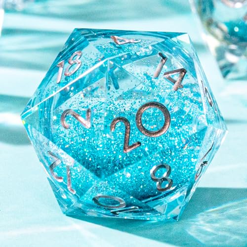 Single Liquid Core D20 Dice - 22mm, 20 Sided D&D Dice for Dungeons and Dragons, RPG, Roleplaying Games MTG Table Games, Handmade Polyhedral Dice with Resin Sharp Edge (Light Blue) - color: D20-liquid Teal