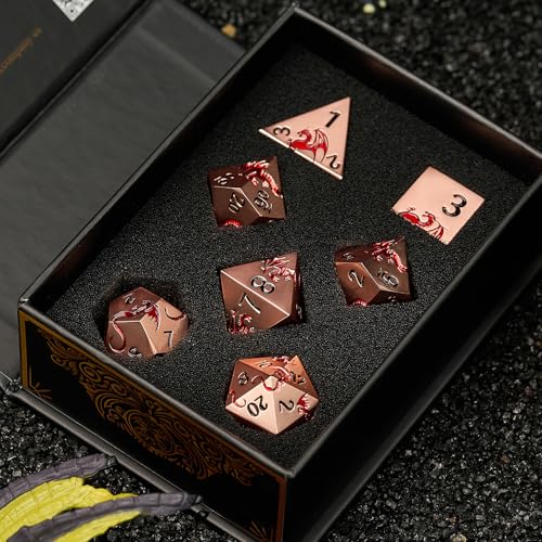 Metal Dragon Dice Set,7-Piece Zinc Alloy DND Dice,Ancient Red | Complete polyhedral dragon dice set with easy-to-read numbers and a magnetic gift box for DND players and collectors. - color: Ancient Gold Red