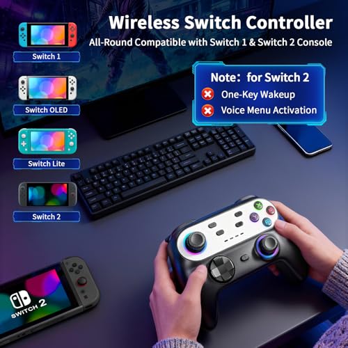 HUDOBBYE Switch Pro Controller Wireless for Switch/OLED/Lite Accessories, Wireless iOS Android Remote Gamepad, Wired PC Game Joystick, Switch Turbo Controller with Cool Led Light,Programmable - color: LED Black and Silvery