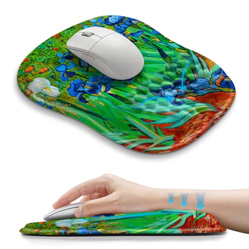 Hokafenle Ergonomic Wrist-Hugging Mouse Pad Wrist Support, U-Shaped Holding Wrist Rest Mousepad for Carpal Tunnel Pain Relief with Cushioned Memory Foam Slope Massage Bulge (10.2x8.3 in,Iris Flower) - color: Van Gogh Iris Flower