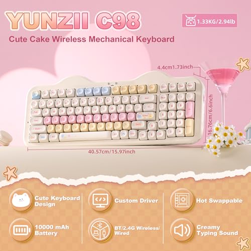 YUNZII C98 Wireless Mechanical Keyboard with Number Pad,99 Key BT5.0/2.4G/USB-C Hot Swap Gasket Mount with PBT MOA Keycaps,Custom RGB,Cute Cake Keyboard for Win/Mac (Beige, Candy Linear Switch) - color: Beige, size: Candy Linear Switch
