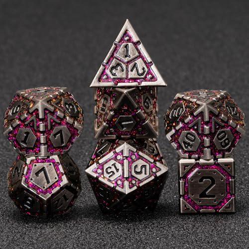 Metal DND Dice Set, Polyhedral Metallic Dice with Cracks for Dungeons and Dragons RPG TTRPG D&D 7-Die Set with Gift Case - color: Ancient Nickel Rose Red