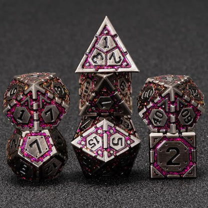 Metal DND Dice Set, Polyhedral Metallic Dice with Cracks for Dungeons and Dragons RPG TTRPG D&D 7-Die Set with Gift Case - color: Ancient Nickel Rose Red
