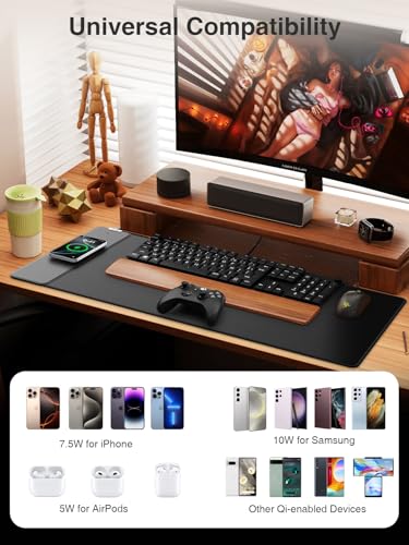 Magnetic Wireless Charging Mouse Pad, 31.5"x15.8" Large Desk Mat | Waterproof Mousepad, Smooth Glide, Stitched Edge, Non-Slip Rubber Base, Desk Pad Computer Keyboard Mat, No Adapter - color: Black-31.5"x15.8"-Mag