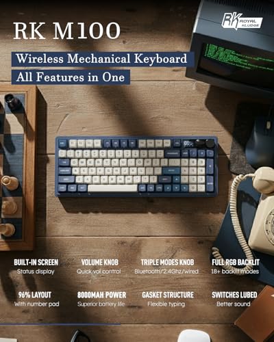 RK ROYAL KLUDGE M100 Wireless Mechanical Keyboard with Screen & Knobs, Blue | RGB Gaming Keyboard with Number Pad, Bluetooth/2.4GHz/USB-C Gasket Mount Keyboards for Win/Mac/PC, Hot Swappable Cream Switch - color: Blue