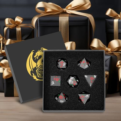 Metal Dice Set, Flat Face Red Plum Blossom Pattern, 7pcs Polyhedral Metal DND Dice Set, DND Starter Set, D&D Gifts with Gift Box, Role Playing Board Games Accessories, Black - color: Black With Gift Box