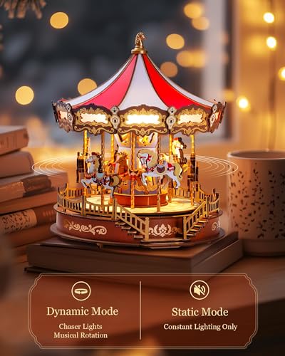 Rolife Wooden 3D Puzzles for Adults, DIY Carousel Music Box with Chaser Lights 11.6" Model Building Kit, Construction Project Craft Kits for Adults Hobby Home Decor Chiristmas Gifts for Boys Girls