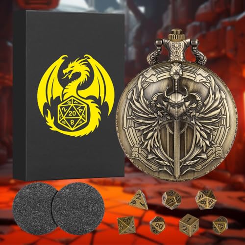 Mini DND Dice Set with Steampunk Paladin Pocket Watch Shell Case, DND Starter Set, 7pcs Polyhedral Mini Metal Dice Set, D&D Gifts with Gift Box, Role Playing Board Game Accessories,Bronze - color: Bronze + Gift Box