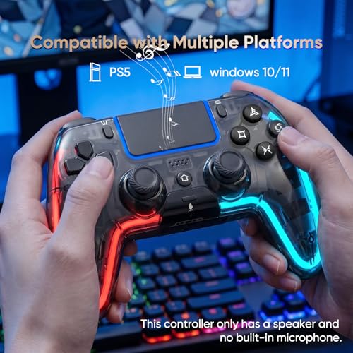 BETMI Wireless Controller for PS5, Pro/Slim/MAC/PC (Transparent Black) | Hall Effect Joysticks, Dual Vibration, Marco/Turbo/3.5mm Jack/6-Axis Gyro, Speaker, LED Gamepad for Steam Deck, L Red R Blue - color: Transparent Black, L Red R Blue