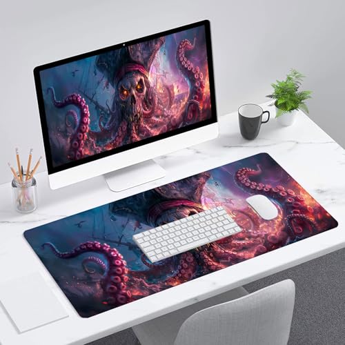 Octopus Pirate Skull Desk Mat Black Ship Large Gaming Mouse Mat with Stitched Edges,Non-Slip Waterproof Rubber Base Mous Mat 31.5"x11.8" Office Computer Keyboard Laptop Home - color: Octopus Pirate Skull_019, size: 11.8" x 31.5"