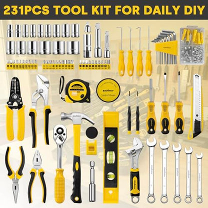 Enventor Tool Set with 1/4 in and 3/8 in Metric Sockets, 231 Pieces | 8-15 MM Wrenches, Quick-release Ratchet for Home Repairs, DIY projects, and Auto Maintenance