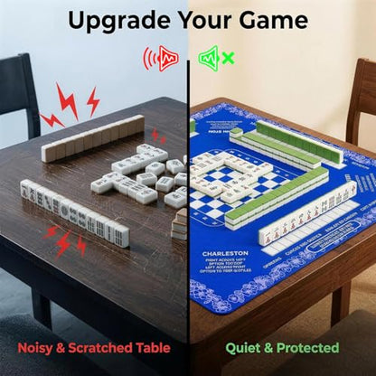 Mahjong Mat with Rules,Neoprene Noise Dampening Mat | Includes 3 Dice & Carry Bag with Rules & Instructions (Blue)
