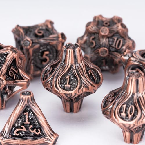 Metal Dice Set D&D 7PCS Metal DND Dice Set Copper for Tabletop Games | Leather Storage Bag, DM Gift, for Dungeons and Dragons Role Playing Games - color: Metal Tree-acopper