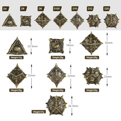 Surpass DND Metal dice Set Dragon Eye dice Set Polyhedral Roll Playing Dice with Box D20 D12 D10 D% D8 D6 D4 for Pathfinder MTG RPG Board Games - color: Antique Bronze