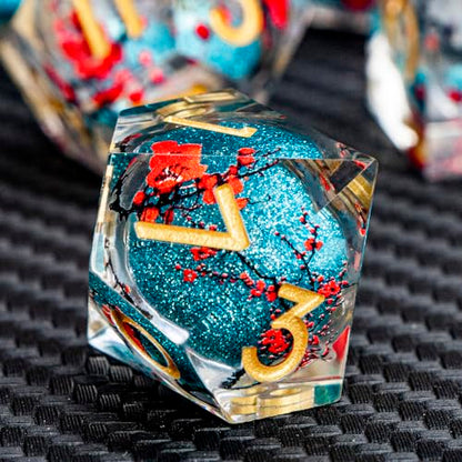 ARUOHHA DND Resin Dice Plum Blossom Liquid Core Dice Golden Blue Sharp Edged Polyhedral Dragons Dice Set with Gift Box, Dungeons D and D Dice Role Playing Game D20 D12 D10 D8 D6 D4 - color: Flower&golden Blue