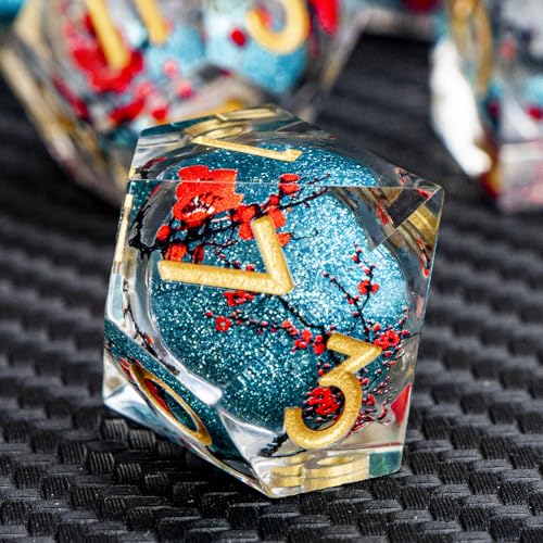 ARUOHHA DND Resin Dice Plum Blossom Liquid Core Dice Golden Blue Sharp Edged Polyhedral Dragons Dice Set with Gift Box, Dungeons D and D Dice Role Playing Game D20 D12 D10 D8 D6 D4 - color: Flower&golden Blue