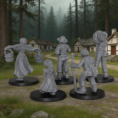 Fantasy TTRPG Village Life Scenery, 25mm Scale Unpainted Resin Civilian NPCs for Tabletop RPG Game, Townsfolk Commoner Miniatures 5pc Set - 1:64 Scale RPG Accessory, Villager NPC AS972