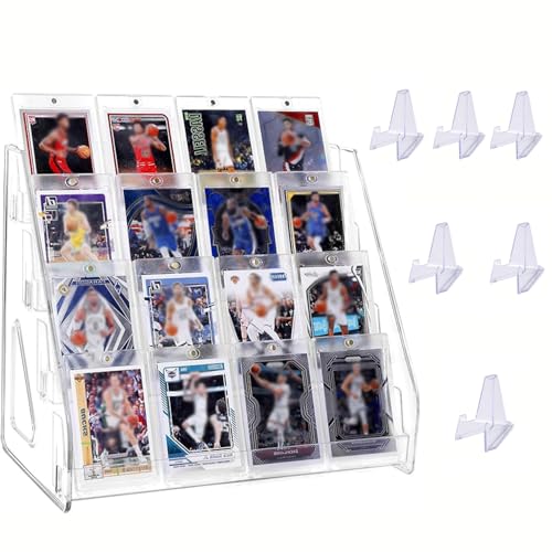 4 Tier Clear Acrylic Trading Card Display Stand with 5 Pc Mini Easel Stand, Card Stand & Display Risers, Card Holder Display for TCG MTG PSA Sports Cards, Greeting Cards Stickers, Postcards, Badge