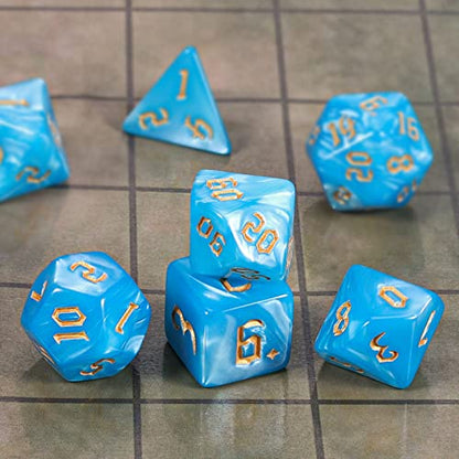 CiaraQ 7pcs Polyhedral Dice Set for Dungeon and Dragons MTG Table Games | Acrylic Role Playing Dice for D&D with Black Velvet Bag – Blue with Gold Numbers - color: Blue With Gold Numbers