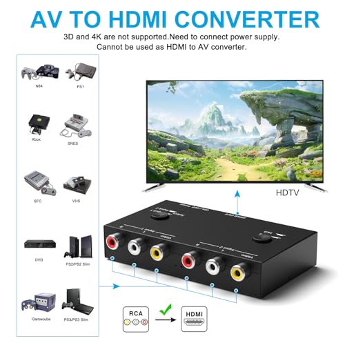 2 Port RCA/AV to HDMI Converter Adapter Support 16:9/4:3 for WII/N64/PS1/PS2/PS3/VHS/VCR/DVD Players etc(2 AV in 1 HDMI Out) - style: 2Port AV to HDMI Converter